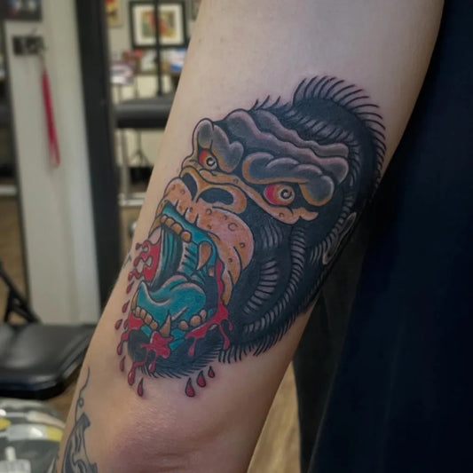 Medium New School Gorilla Tattoo on Men Arm by @jessalther