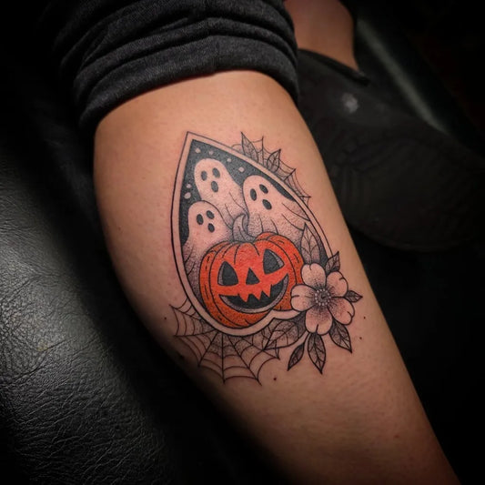 Medium New School Halloween Ghosts Pumpkin Web Tattoo on Women Arm by @nyxenink
