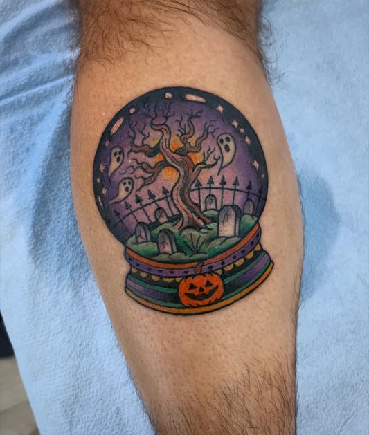 Medium New School Halloween Globe Tattoo on Men Forearm by @shannontattooer