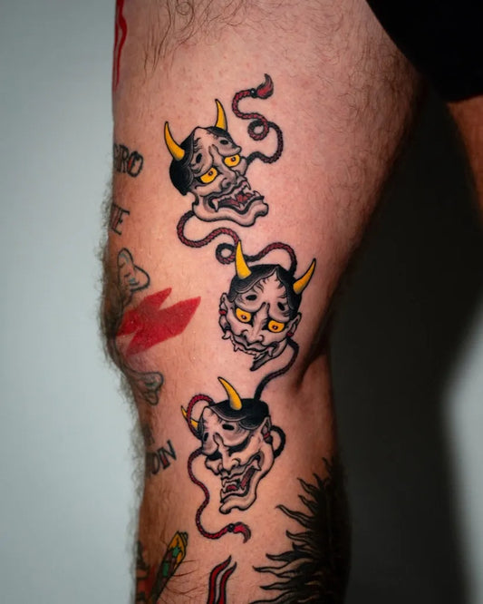 Medium New School Hannya Masks Tattoo on Men Thigh by @jin_qchoi