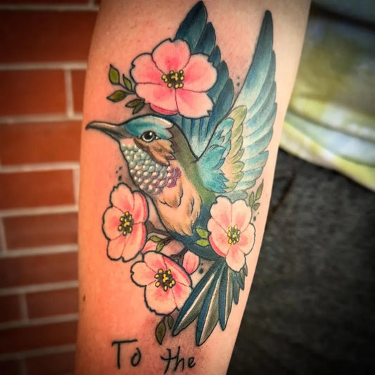 Medium New School Hummingbird Flowers on Women Arm Tattoo by @double_h_tattoos