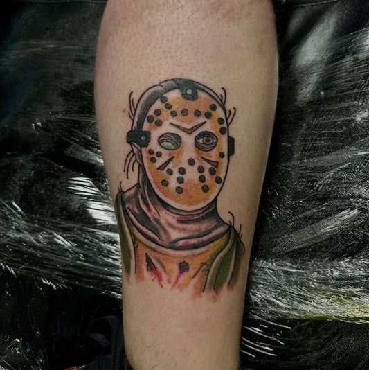 Medium New School Jason Mask Horror Tattoo on Men Leg by @huntattoos