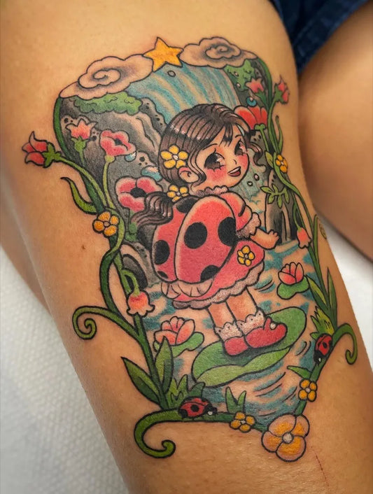 Medium New School Ladybug Girl Flowers Tattoo on Women Thigh by @gazlau