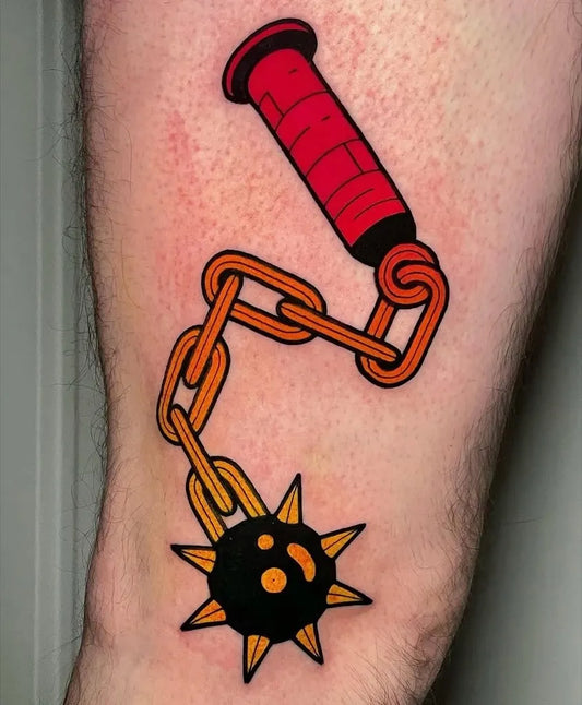 Medium New School Mace and Chain Tattoo on Men Forearm by @probodysupply