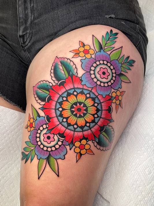 Medium New School Mandala Flower Tattoo on Women Thigh by @katietattoos