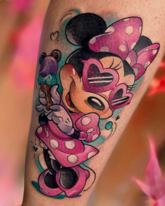 Medium New School Minnie Mouse with Ice Cream Cartoon Tattoo on Women Arm by @petjaevlogieva