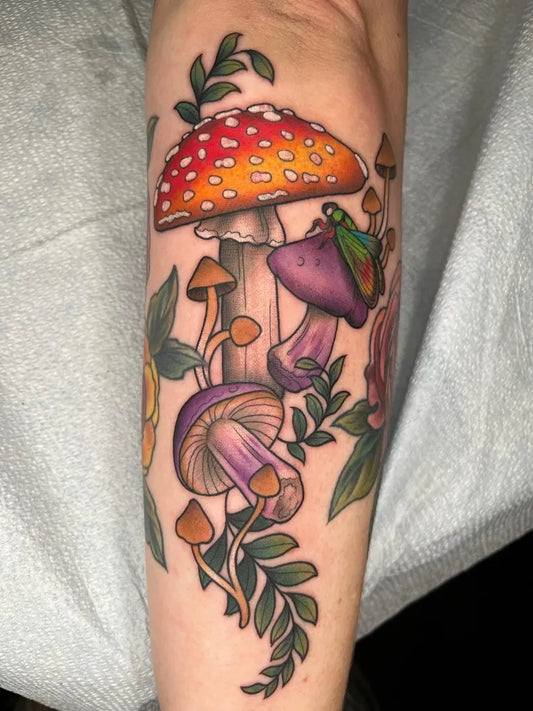 Medium New School Mushrooms and Beetle Nature Tattoo on Women Arm by @emidoesart
