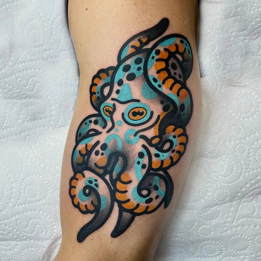 Medium New School Octopus Tattoo on Women Arm by @anshin_anshin_tattoo