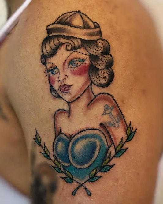 Medium New School Pin Up Girl Anchor Tattoo on Women Shoulder by @lakatrinatattooartist