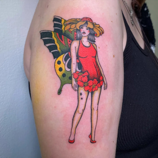 Medium New School Pin Up Girl Butterfly Tattoo on Women Arm by @angel.inkz