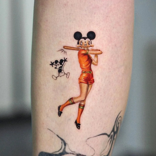 Medium New School Pin Up Girl Mickey Mouse Tattoo on Women Leg by @gokceozaslan