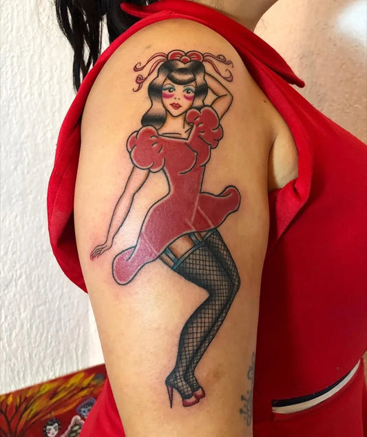 Medium New School Pin Up Girl Tattoo on Women Shoulder by @lakatrinapinupballerina