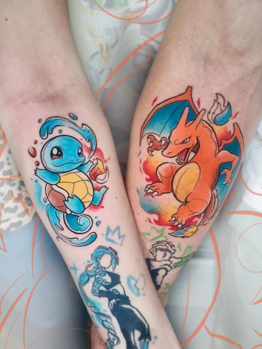 Medium New School Pokemon Squirtle Charizard Tattoo on Women Arm by @laurathorntattoo