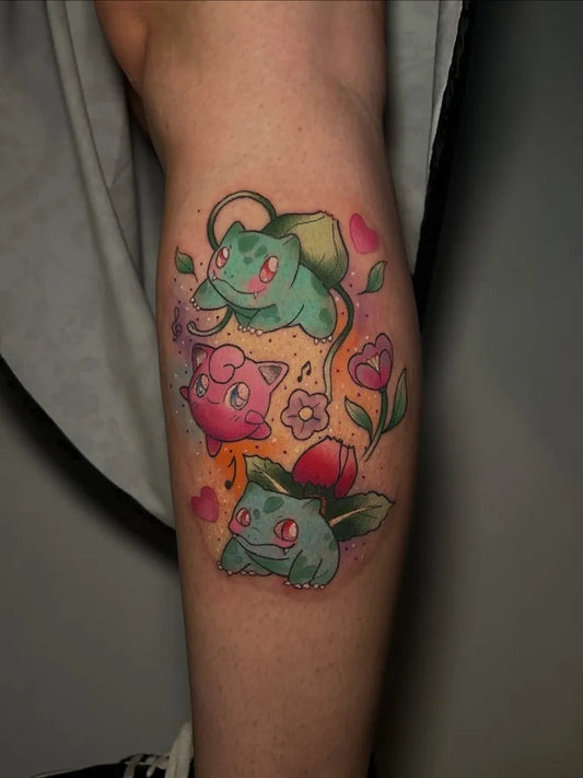 Medium New School Pokemon Trio Tattoo on Women Thigh by @kiraimei