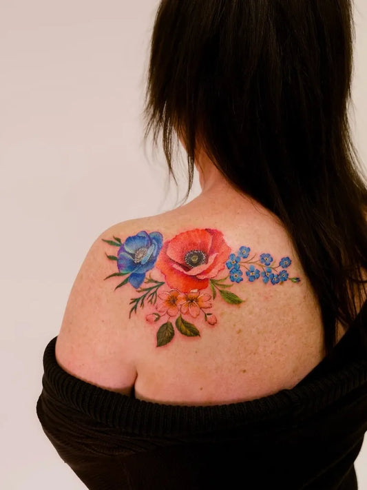 Medium New School Poppy Flowers Tattoo on Women Shoulder by @cat_._kat