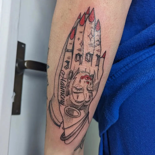 Medium New School Praying Hands with Face and Stars Tattoo on Women Arm by @unicornvomit.tattoo