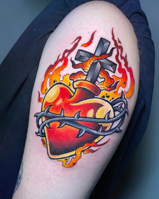 Medium New School Sacred Heart with Flames and Thorns Tattoo on Women Upper Arm by @toteshow