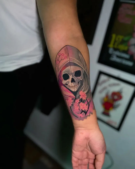 Medium New School Santa Muerte with Cherry Blossoms Tattoo on Men Arm by @el_oss_castelan