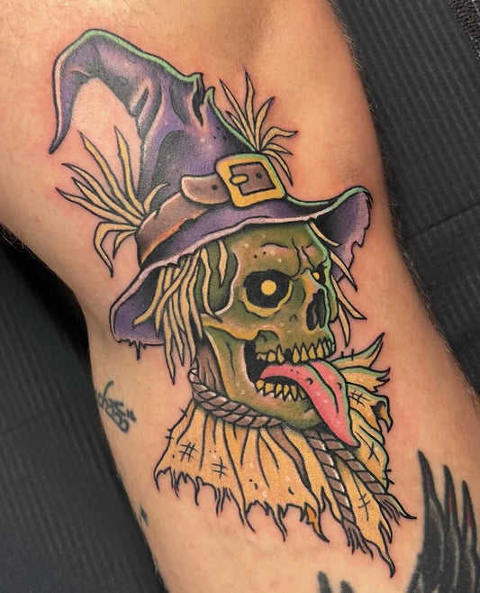Medium New School Scarecrow Skull Halloween Tattoo on Men Thigh by @jamiedonnellytattoos