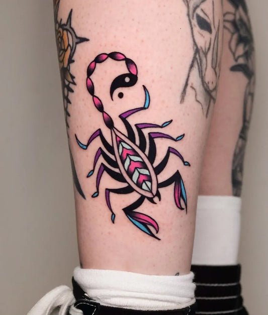 Medium New School Scorpion Tattoo on Women Thigh by @spiritvoyager_tattoo