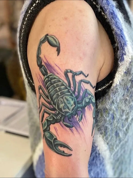 Medium New School Scorpion with Purple Streaks on Women Arm Tattoo by @oldempiretattoo