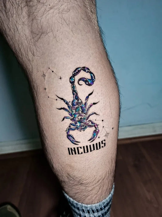 Medium New School Scorpion with Stars on Men Leg Tattoo by @divagancyink