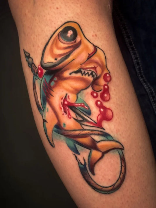 Medium New School Shark Tattoo on Men Arm by @stelios.linas