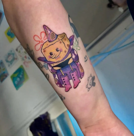 Medium New School SpongeBob Wizard Cartoon Tattoo on Women Arm by @brunodelvallef