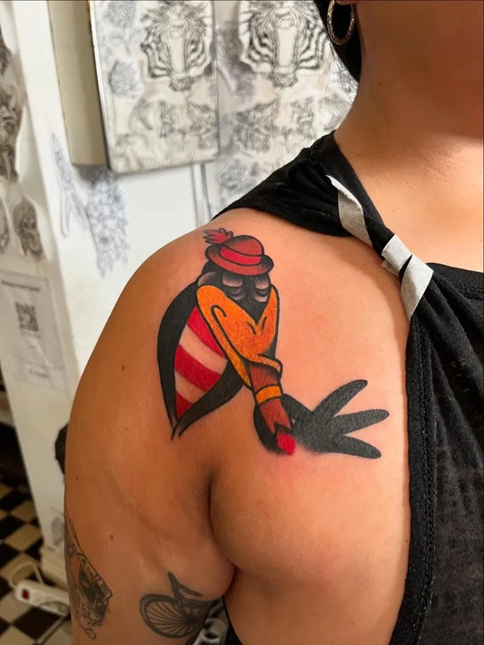 Medium New School Striped Bird with Hat and Shadow Hands Cartoon Tattoo on Women Shoulder by @victor_aka_chili