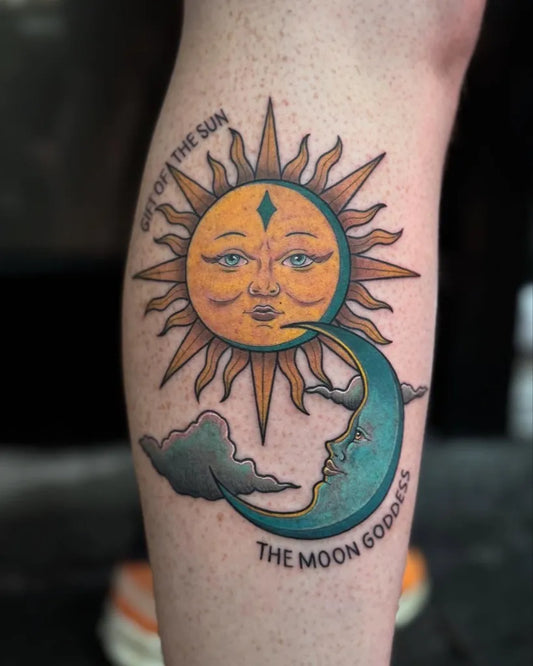 Medium New School Sun Moon Goddess on Women Leg Tattoo by @illytattoo