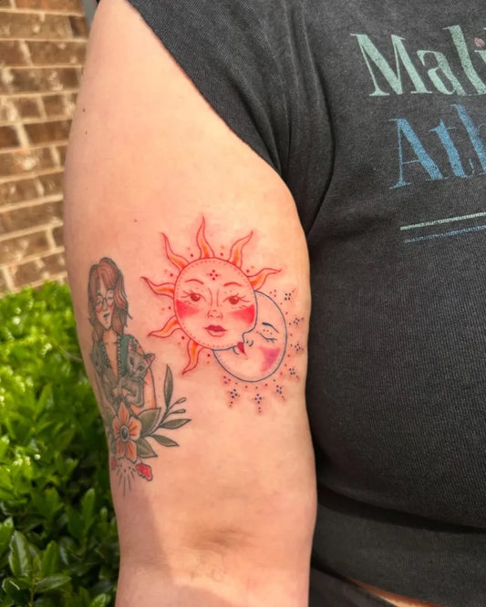 Medium New School Sun Moon Woman Upper Arm Tattoo by @ersula.art