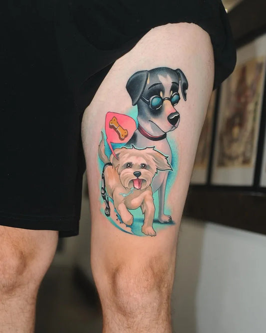 Medium New School Two Dogs with Cape and Bone Cartoon Tattoo on Men Thigh by @klark_tattoo