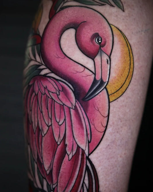 Medium NewSchool Flamingo and Flowers Tattoo on Women Arm by @nadja_mae_tattoo