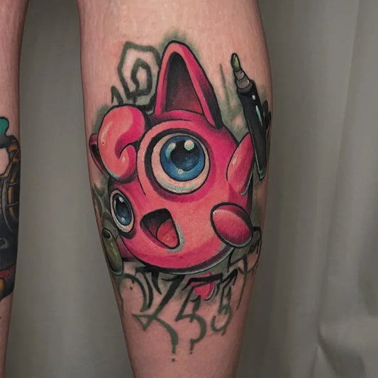 Medium NewSchool Pink Pokemon and Spray Can Tattoo on Men Leg by @danielkorkuctattoos