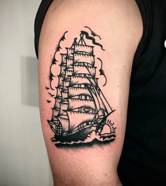 Medium Old School Ship Tattoo on Men Upper Arm by @victortuccitattooist