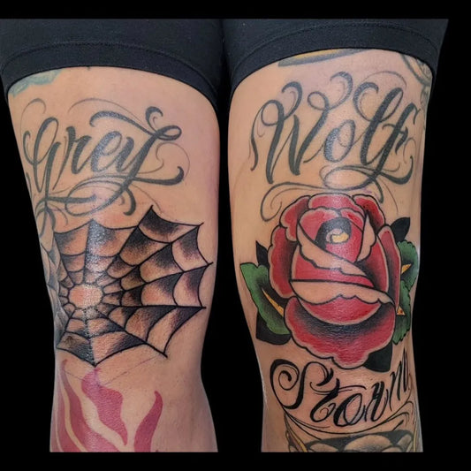 Medium Old School Wolf Rose Spider Tattoo on Women Knee by @tattooistgus