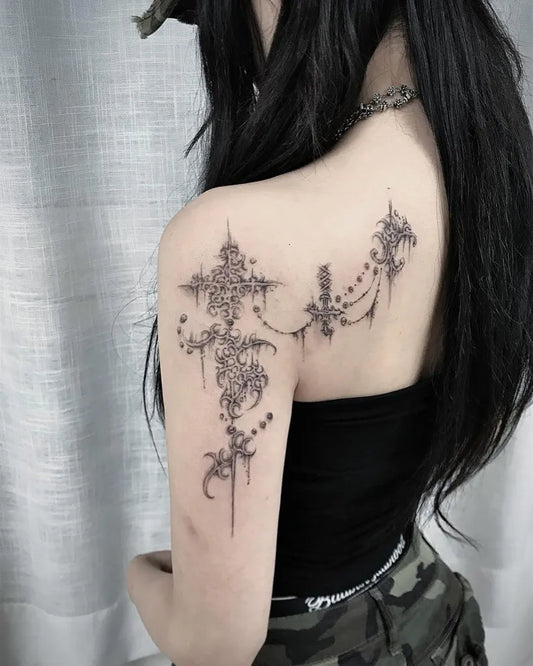 Medium Ornamental Cross Chains Tattoo on Women Shoulder by @princelet_ta