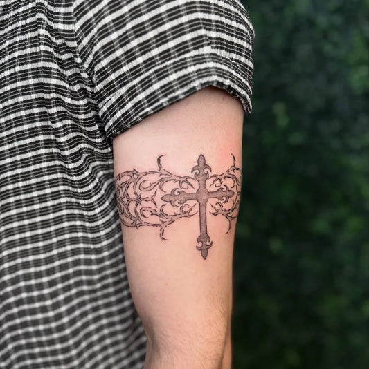 Medium Ornamental Cross Vine on Men Arm Tattoo by @ksp_ink