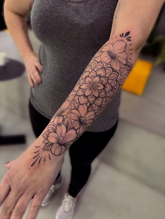 Medium Ornamental Floral Mandala Tattoo on Women Arm by @norinatattoo