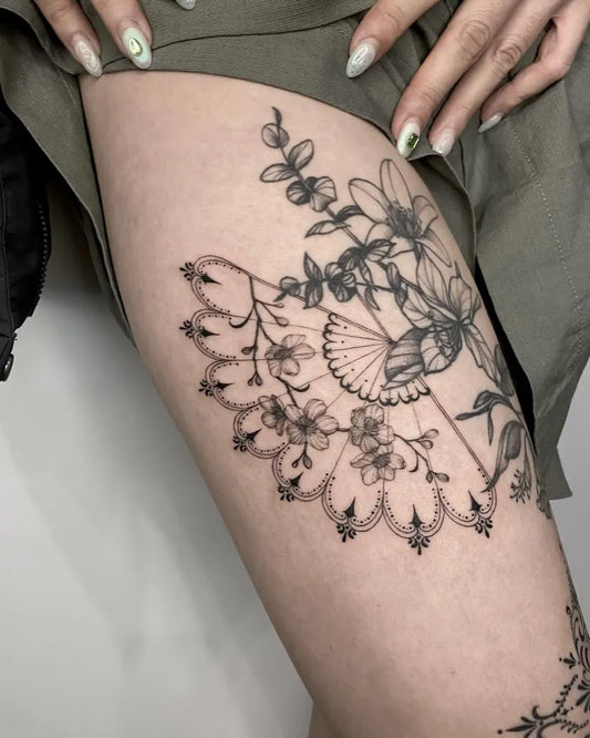 Medium Ornamental Floral Mandala Tattoo on Women Thigh by @i.want.it.black.tattoo