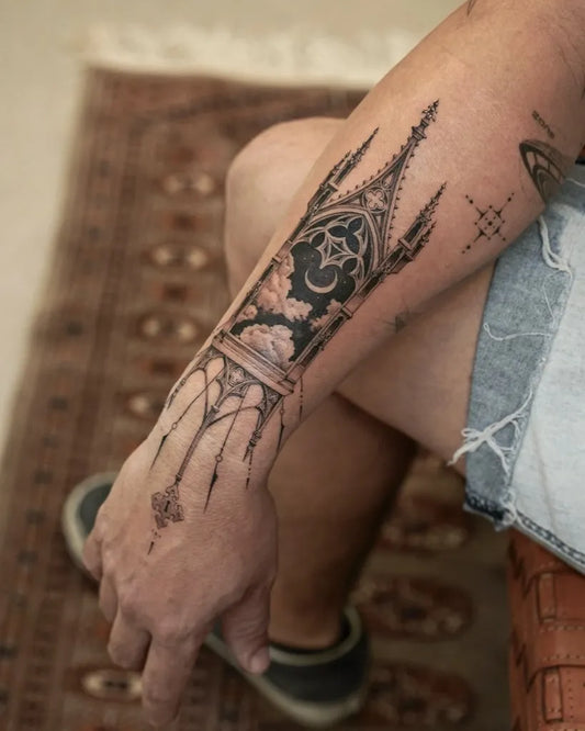 Medium Ornamental Gothic Arch Crescent Moon Tattoo on Women Forearm by @natashia.ink