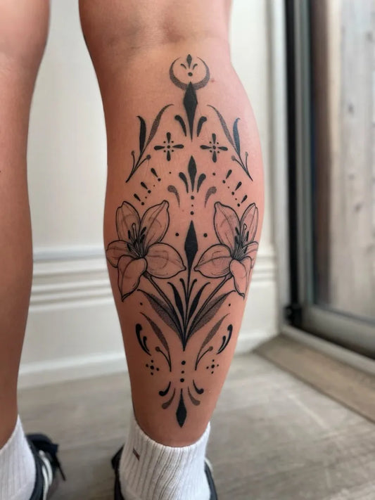 Medium Ornamental Lily Mandala Tattoo on Women Leg by @mamaizel