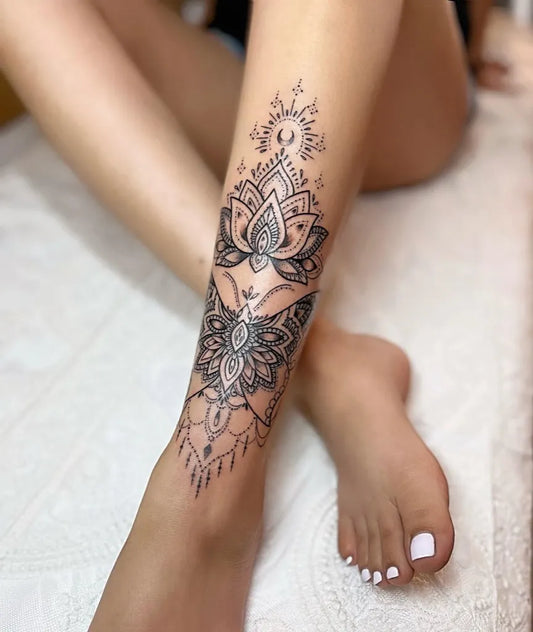 Medium Ornamental Lotus Mandala Tattoo on Women Leg by @anais_chabane