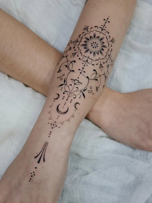 Medium Ornamental Mandala Crescent Tattoo on Women Forearm by @kaylee.tattoos