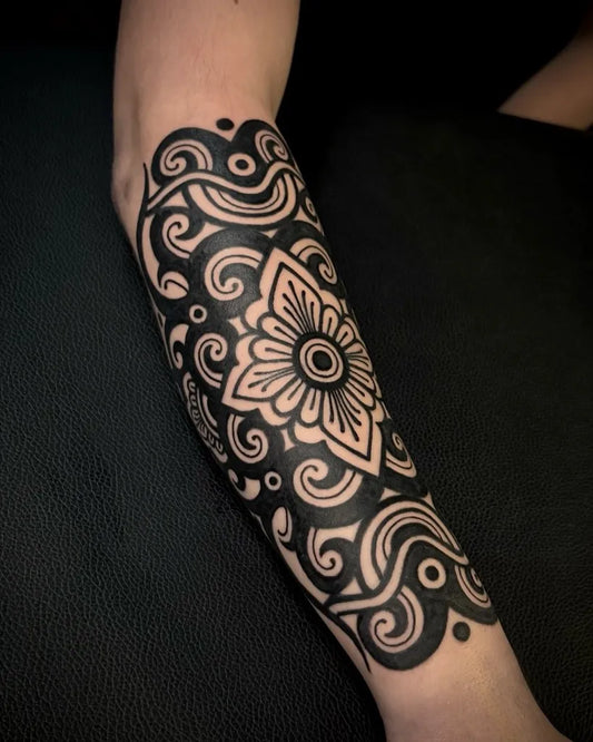 Medium Ornamental Mandala Flower Tattoo on Women Arm by @joe.blackmamba