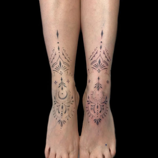 Medium Ornamental Mandala Leg Tattoo on Women by @holyspirittattoostudio