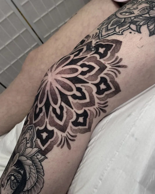Medium Ornamental Mandala Tattoo on Men Knee by @emmabeechtattoo