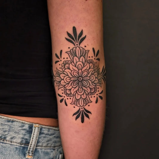 Medium Ornamental Mandala Tattoo on Women Arm by @laurabeatricetattoo