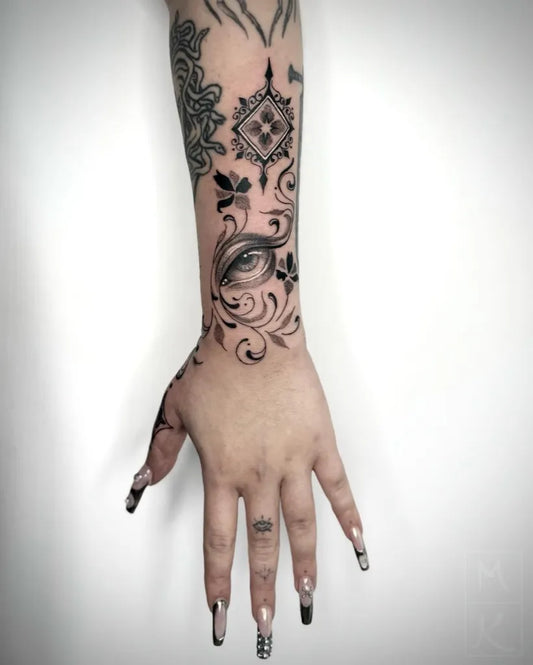 Medium Ornamental MandalaEyeFloral Women Arm by @mayuka_tattoo
