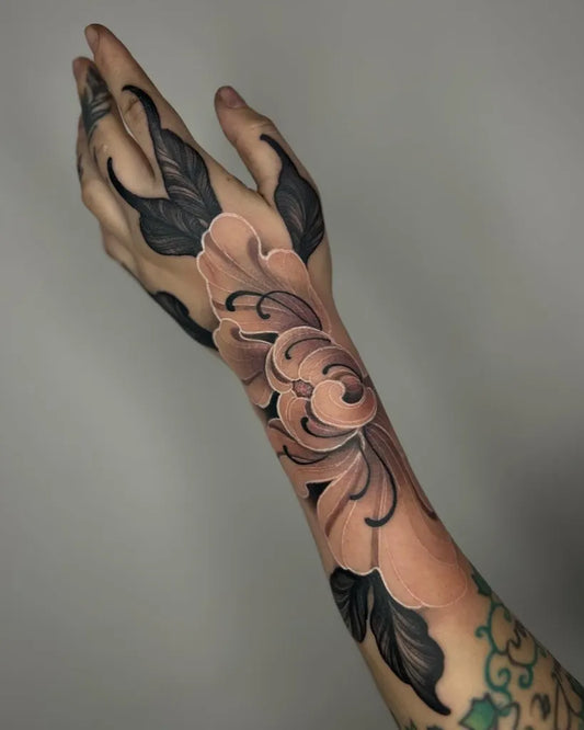 Medium Ornamental Peony Flowers Tattoo on Women Wrist by @_annabellemeister
